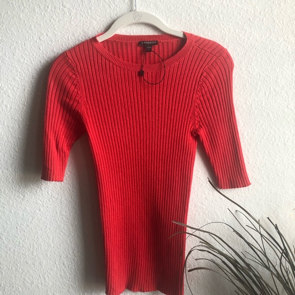 Ribbed salmon orange red 3/4 sleeve sweater blouse - Picture 3 of 7